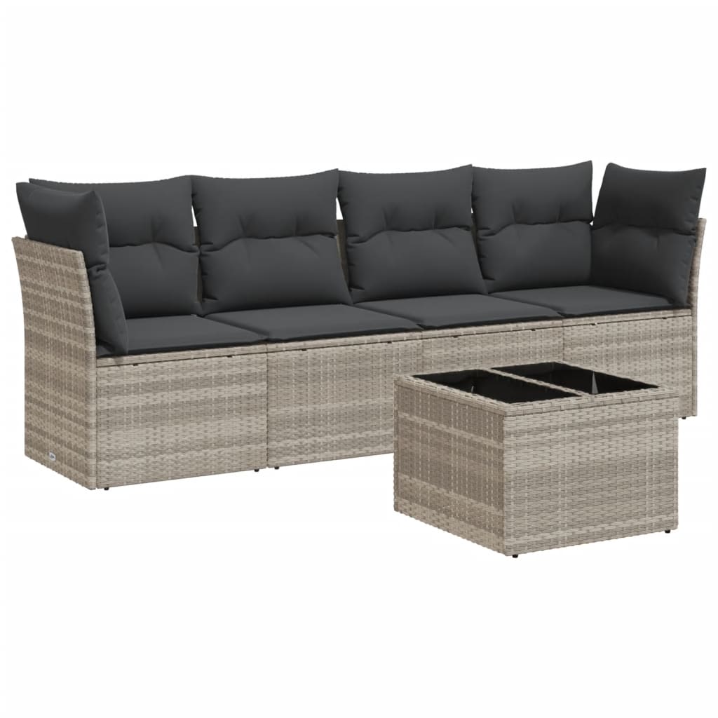 5-delige Loungeset met kussens poly rattan lichtgrijs