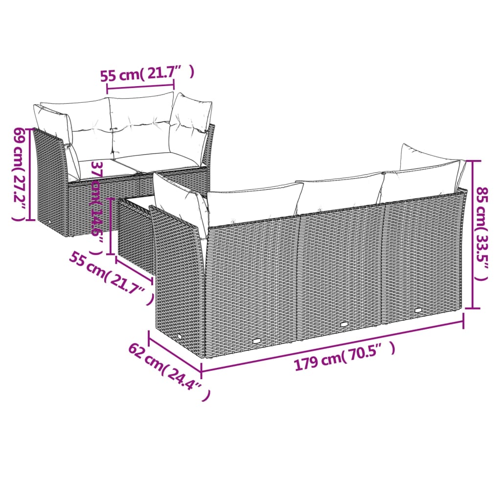 6-delige Loungeset met kussens poly rattan zwart