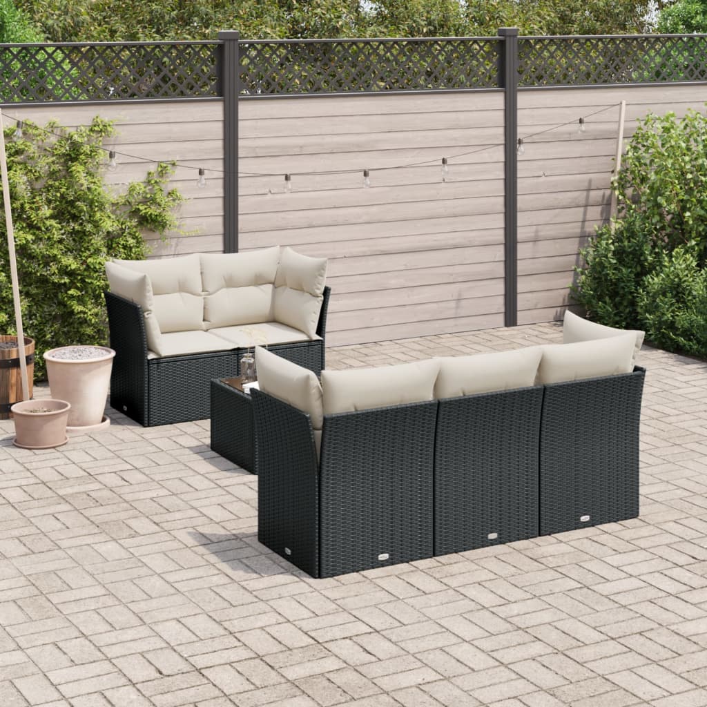 6-delige Loungeset met kussens poly rattan zwart