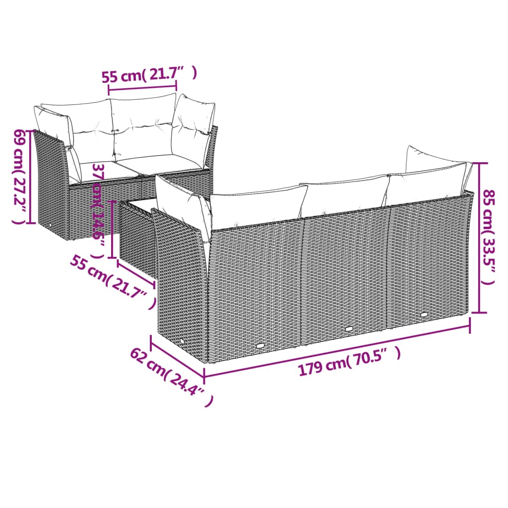 6-delige Loungeset met kussens poly rattan bruin