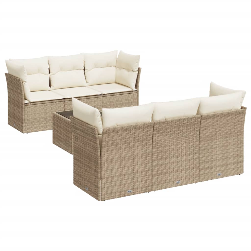 7-delige Loungeset met kussens poly rattan beige