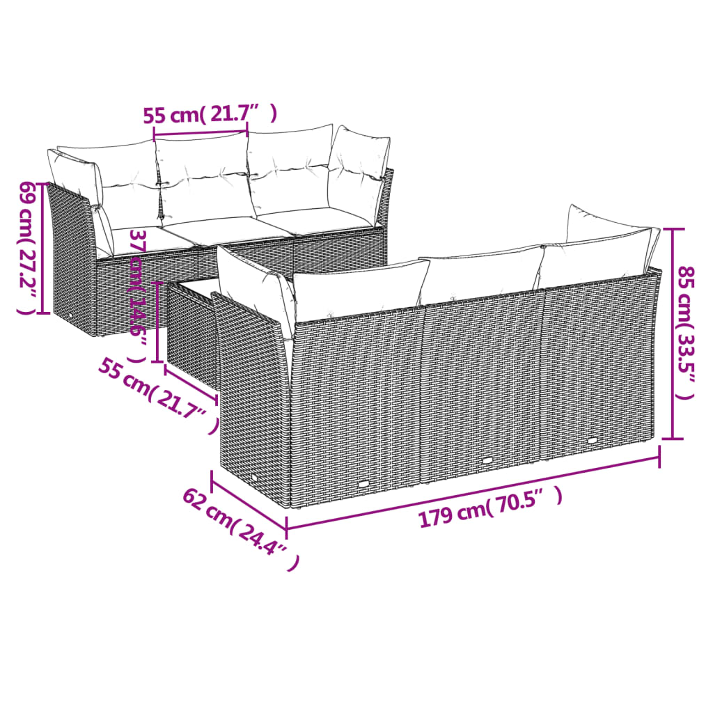 7-delige Loungeset met kussens poly rattan beige