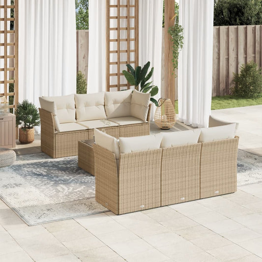 7-delige Loungeset met kussens poly rattan beige