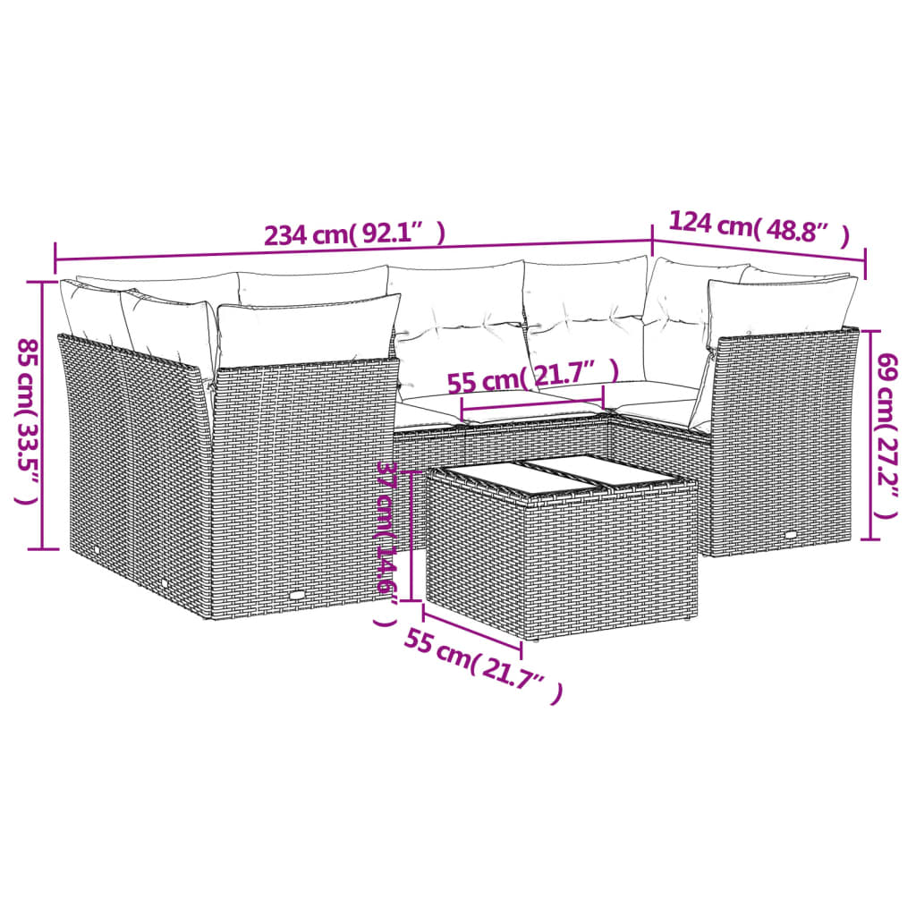 7-delige Loungeset met kussens poly rattan bruin