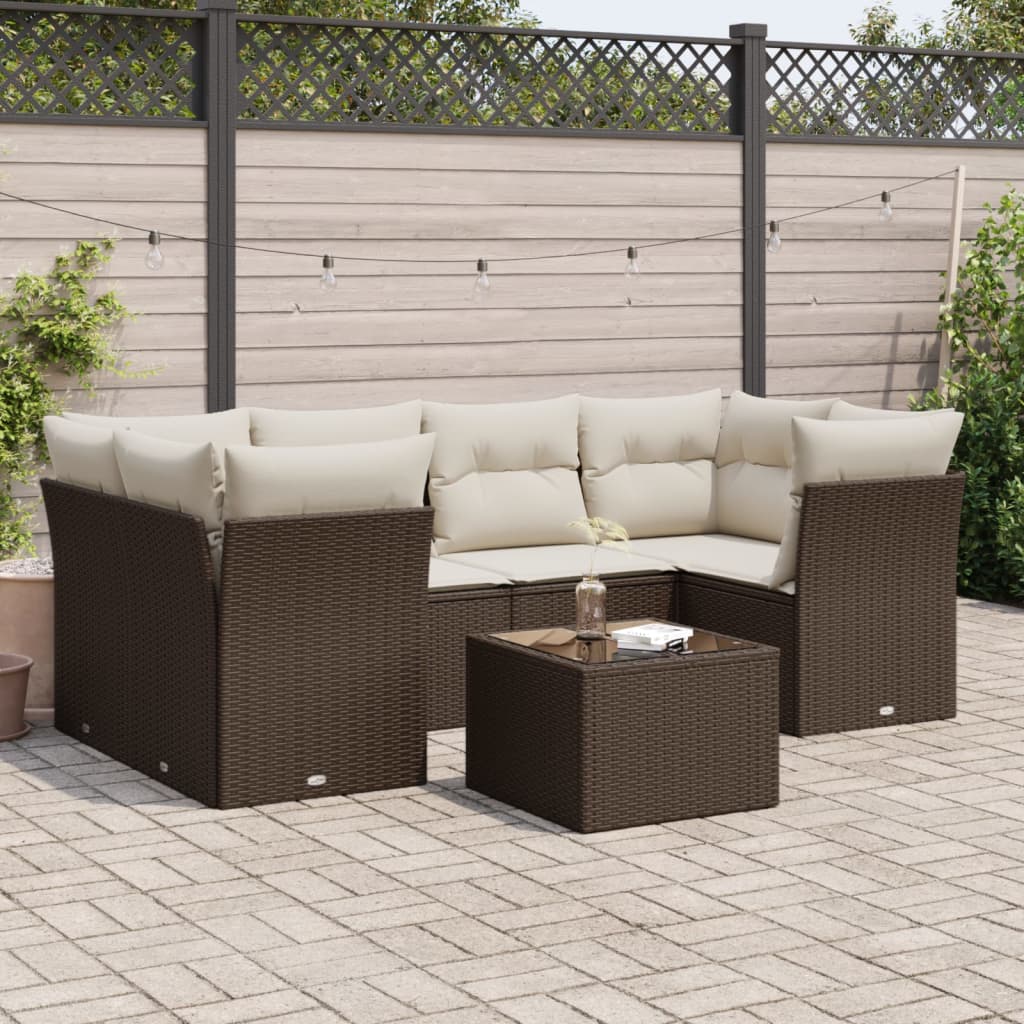 7-delige Loungeset met kussens poly rattan bruin