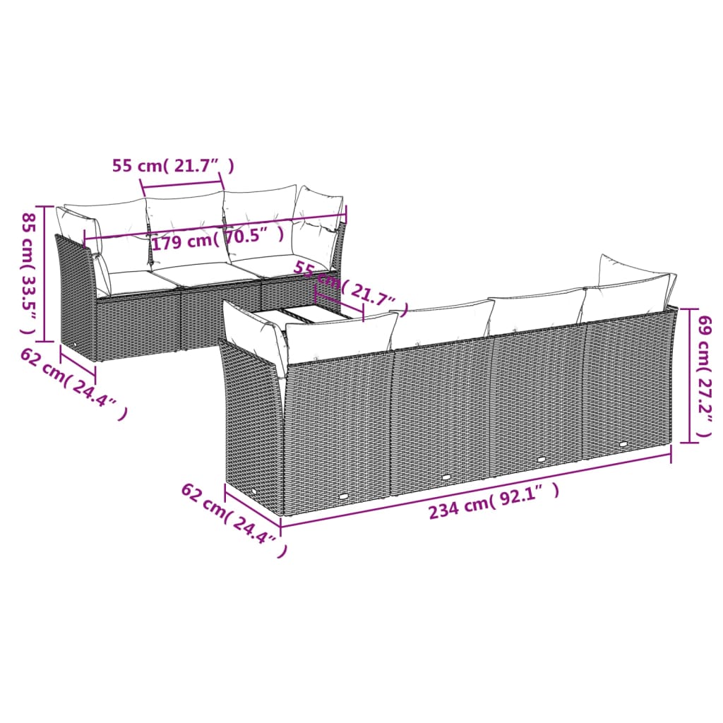 8-delige Loungeset met kussens poly rattan bruin