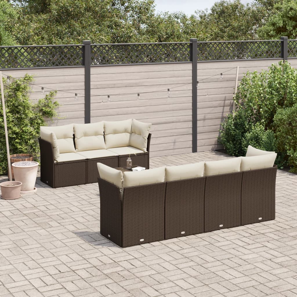 8-delige Loungeset met kussens poly rattan bruin