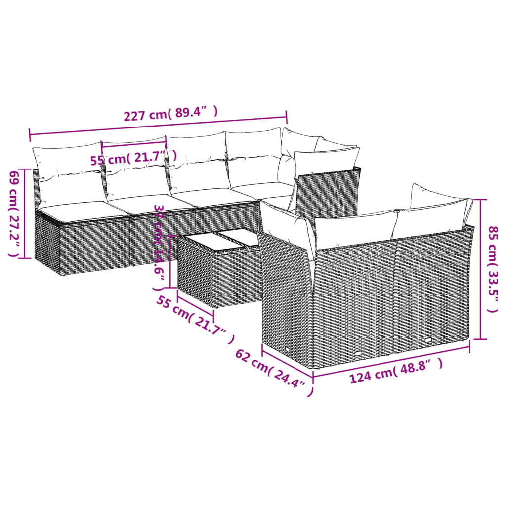 8-delige Loungeset met kussens poly rattan bruin