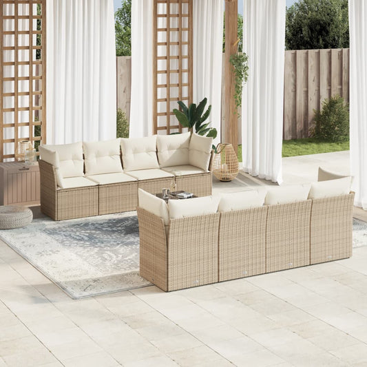 9-delige Loungeset met kussens poly rattan beige