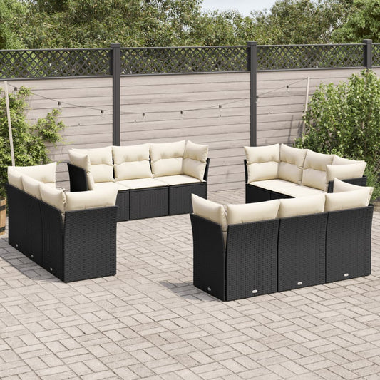 12-delige Loungeset met kussens poly rattan zwart