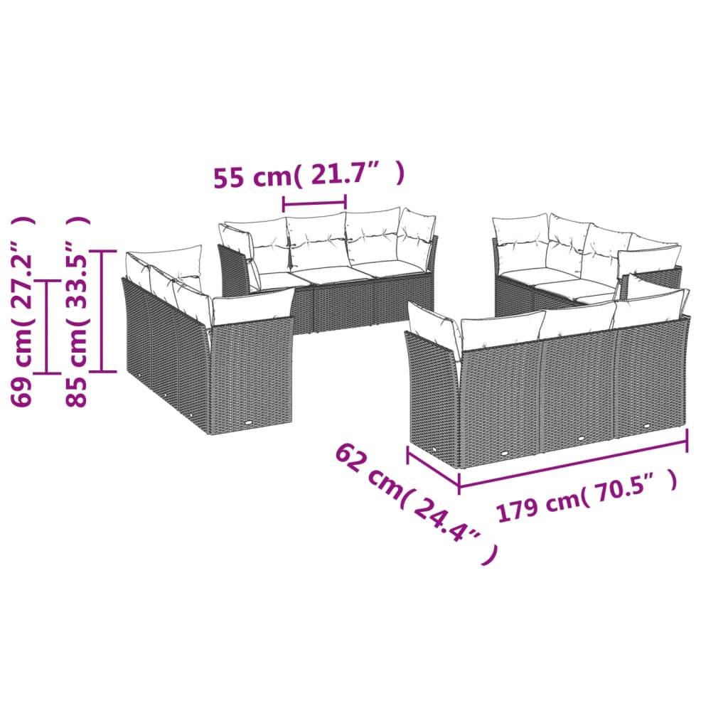 12-delige Loungeset met kussens poly rattan beige