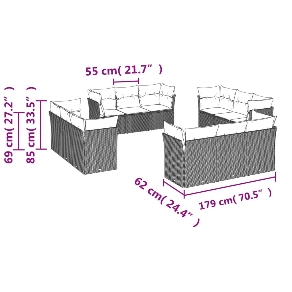 12-delige Loungeset met kussens poly rattan grijs