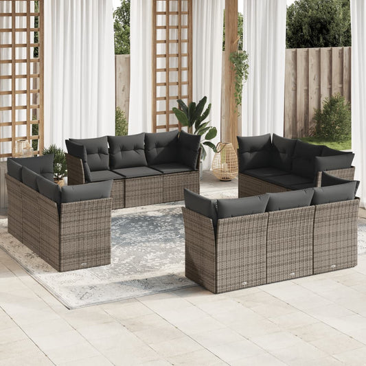 12-delige Loungeset met kussens poly rattan grijs