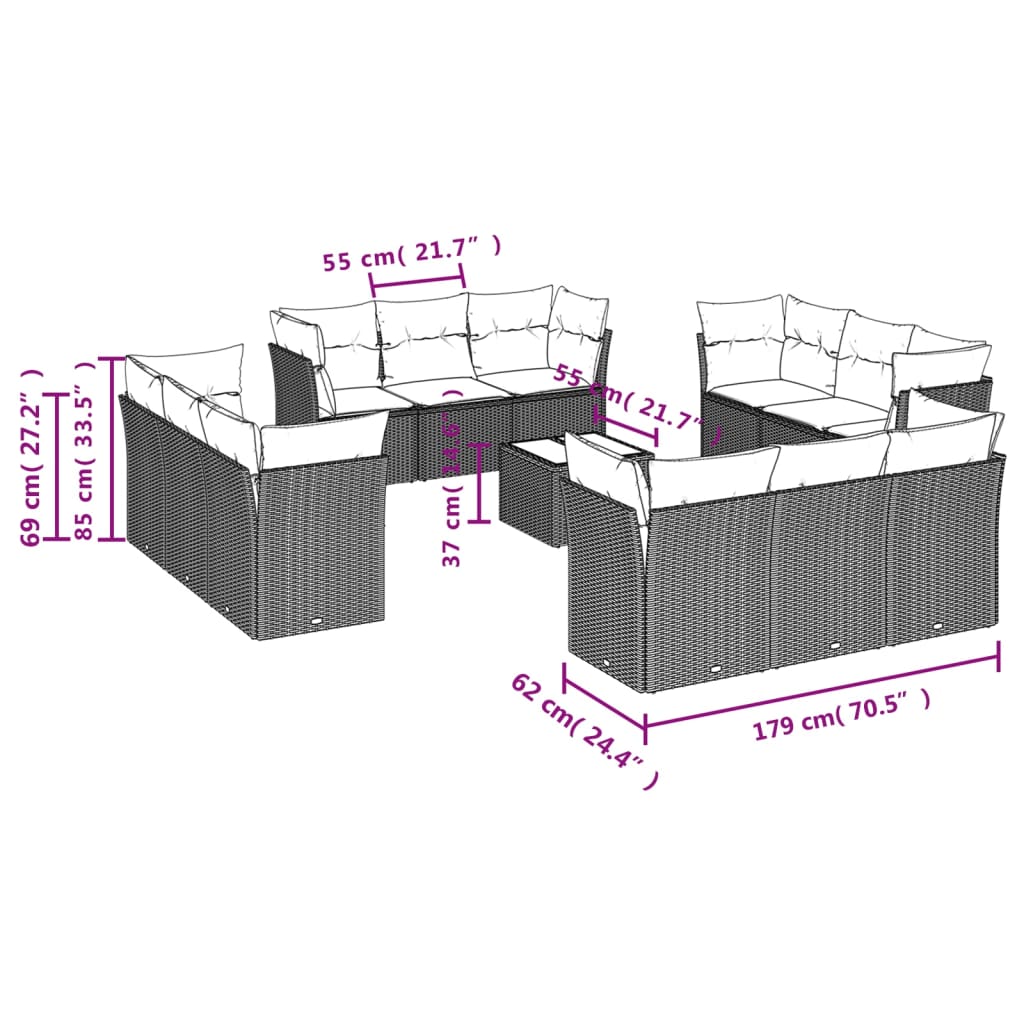 13-delige Loungeset met kussens poly rattan beige