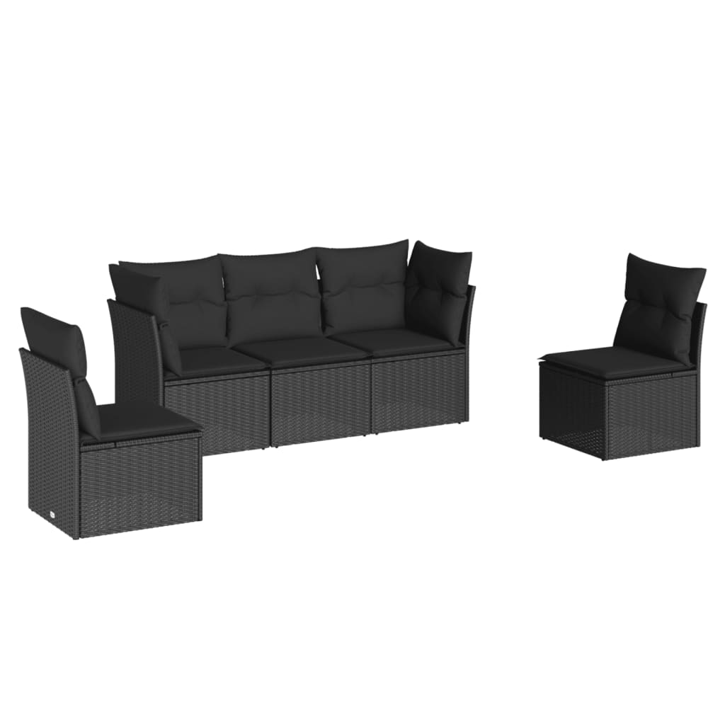 5-delige Loungeset met kussens poly rattan zwart