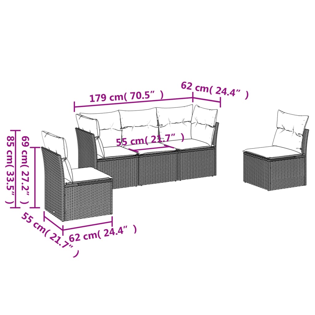 5-delige Loungeset met kussens poly rattan zwart