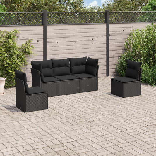 5-delige Loungeset met kussens poly rattan zwart