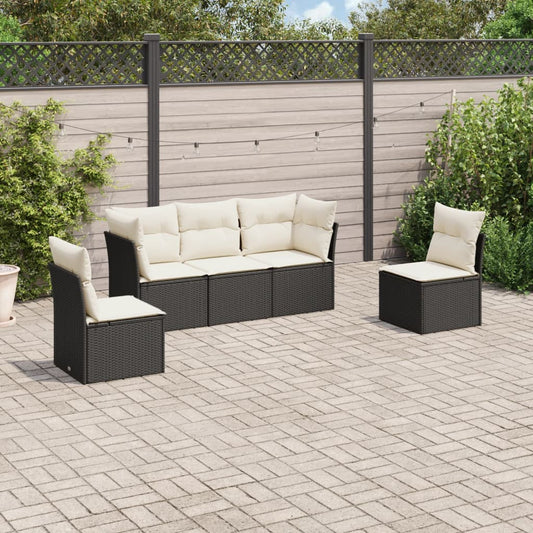 5-delige Loungeset met kussens poly rattan zwart