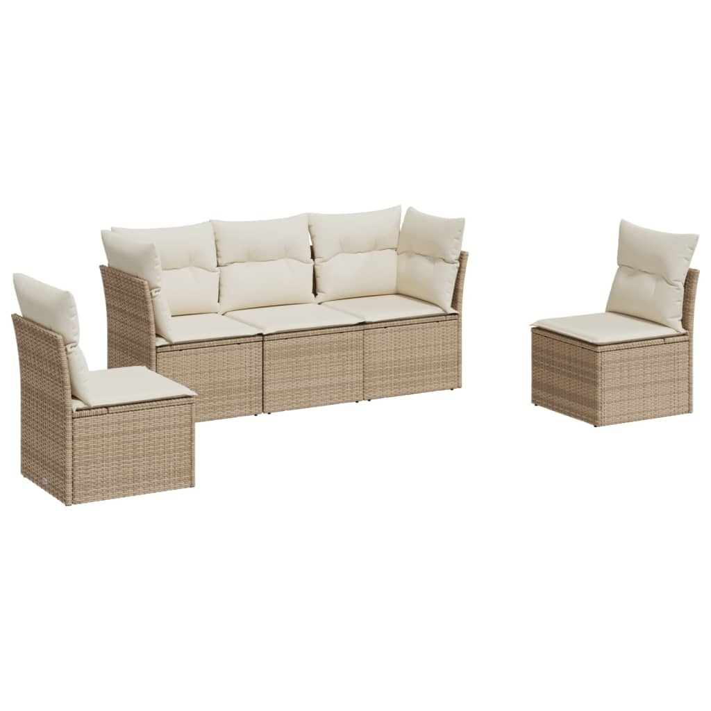 5-delige Loungeset met kussens poly rattan beige