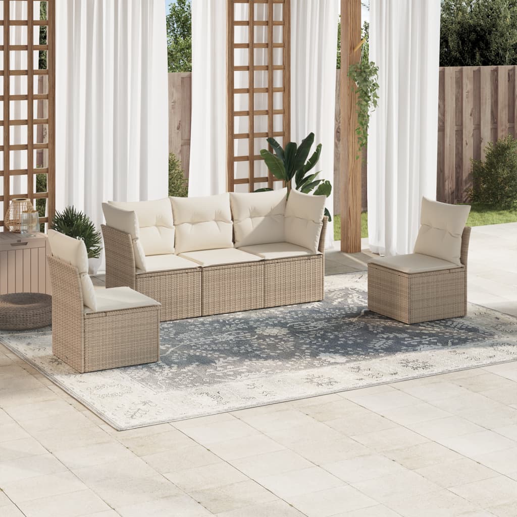 5-delige Loungeset met kussens poly rattan beige