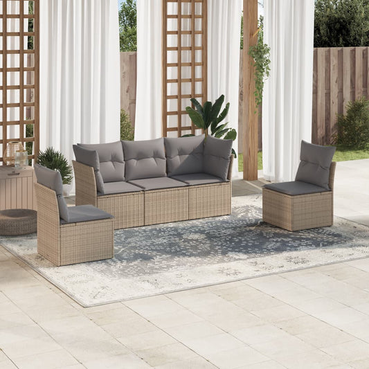 5-delige Loungeset met kussens poly rattan beige