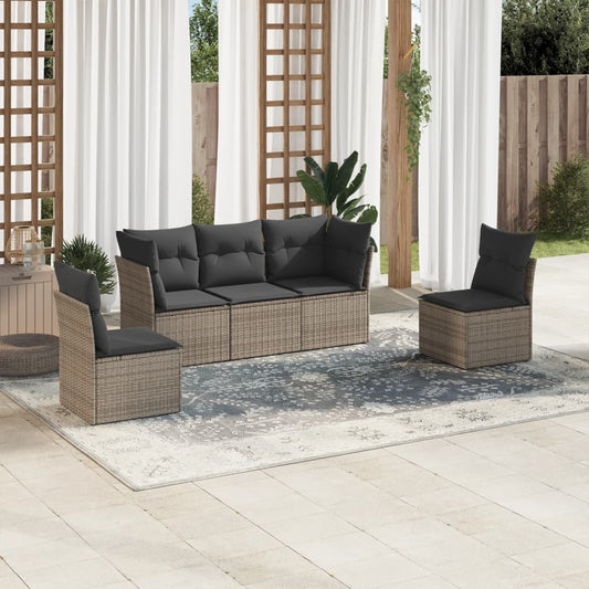 5-delige Loungeset met kussens poly rattan grijs