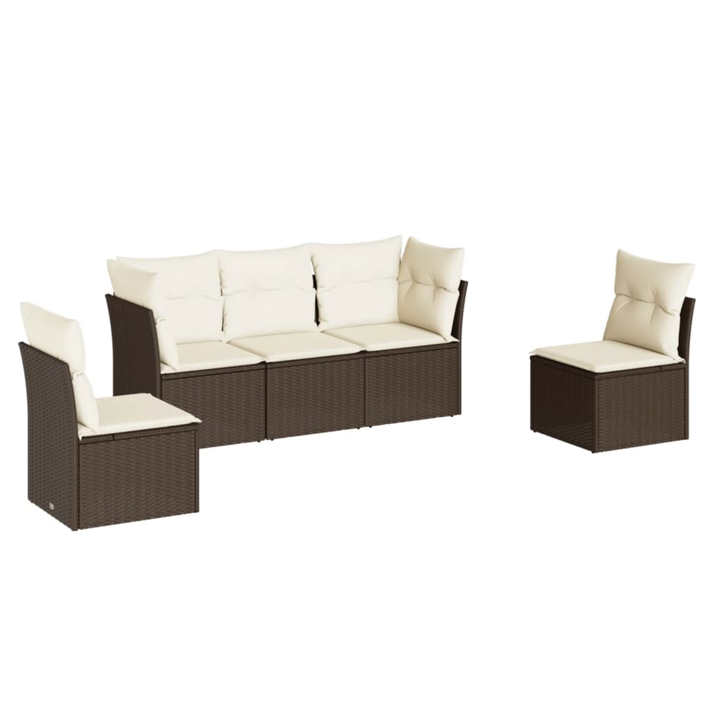 5-delige Loungeset met kussens poly rattan bruin