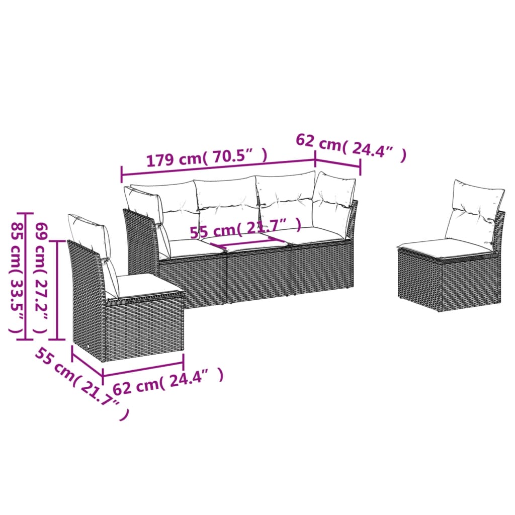 5-delige Loungeset met kussens poly rattan bruin