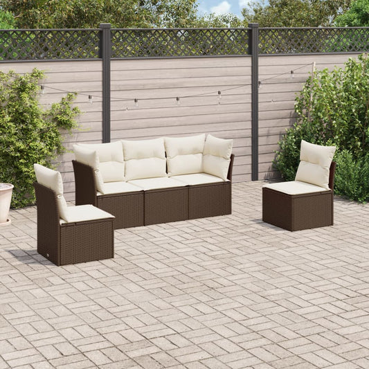 5-delige Loungeset met kussens poly rattan bruin