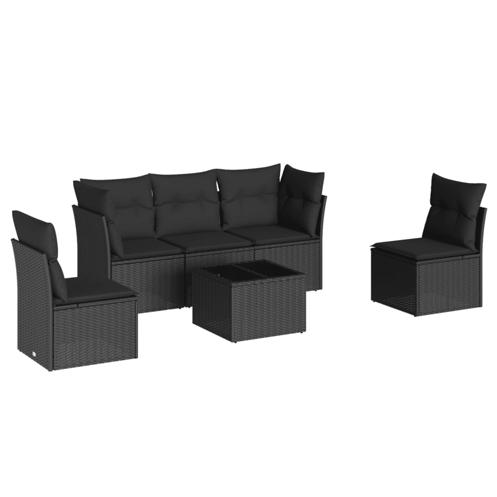 6-delige Loungeset met kussens poly rattan zwart