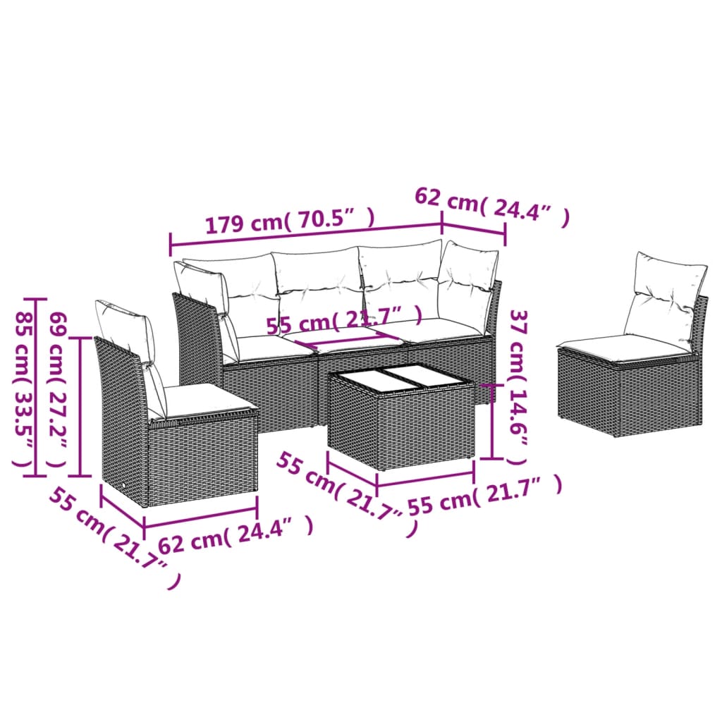 6-delige Loungeset met kussens poly rattan zwart