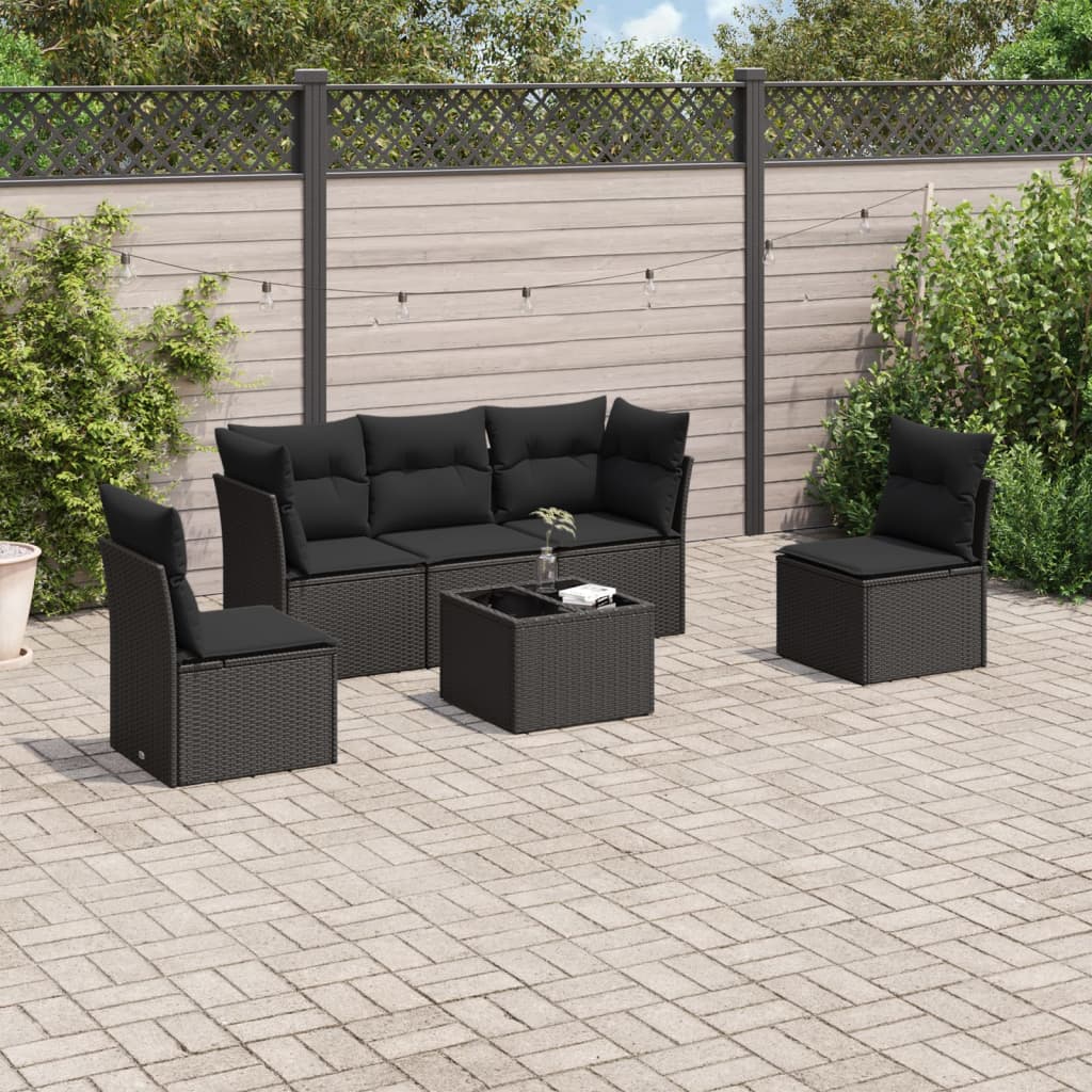 6-delige Loungeset met kussens poly rattan zwart