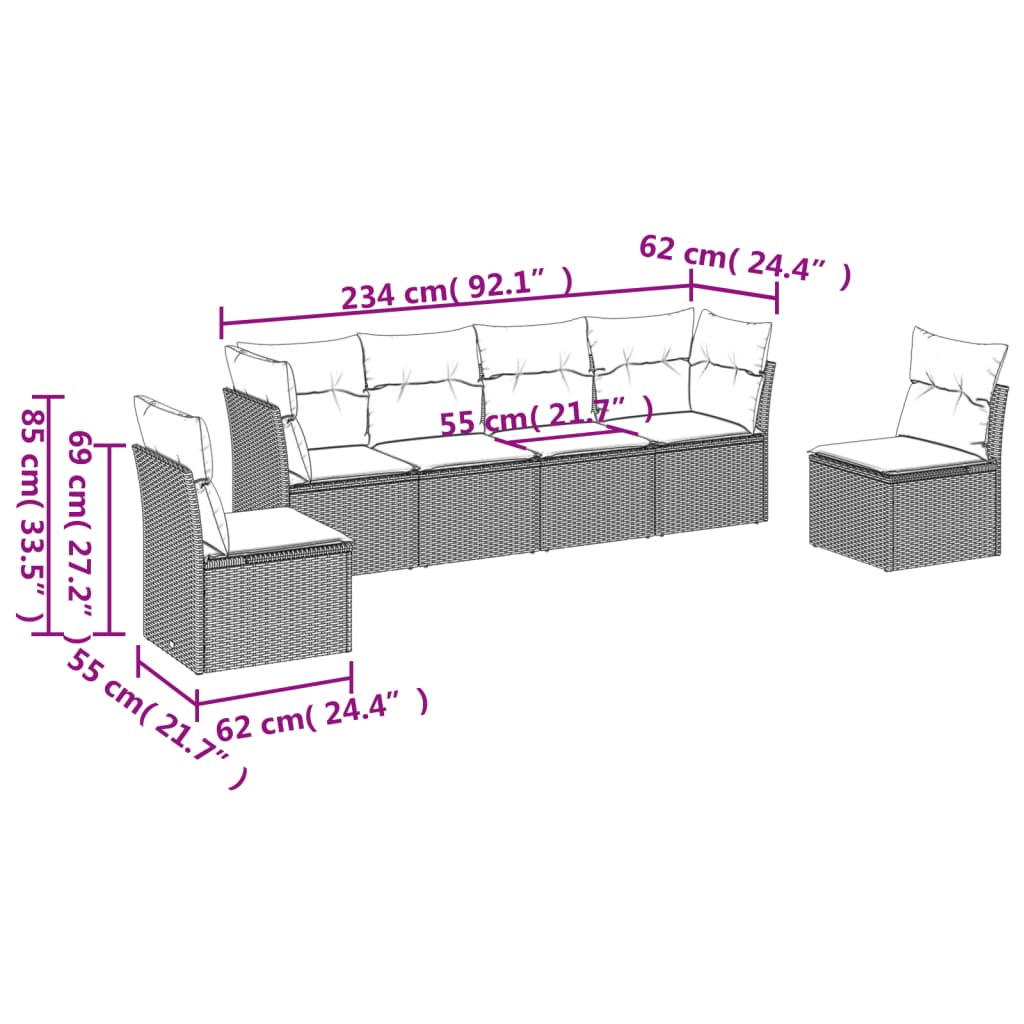 6-delige Loungeset met kussens poly rattan zwart