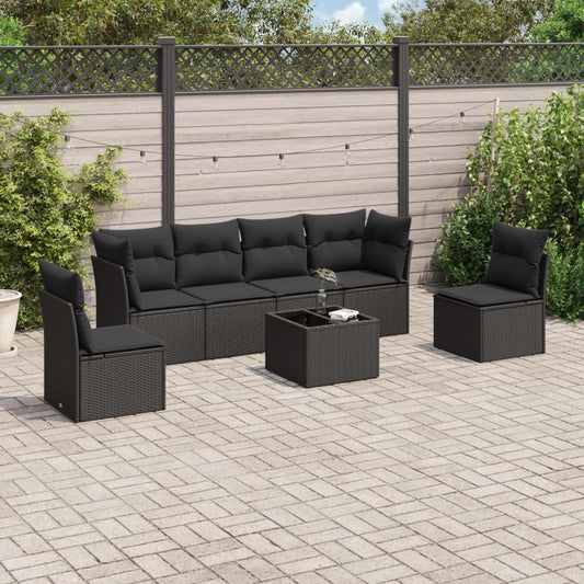 7-delige Loungeset met kussens poly rattan zwart