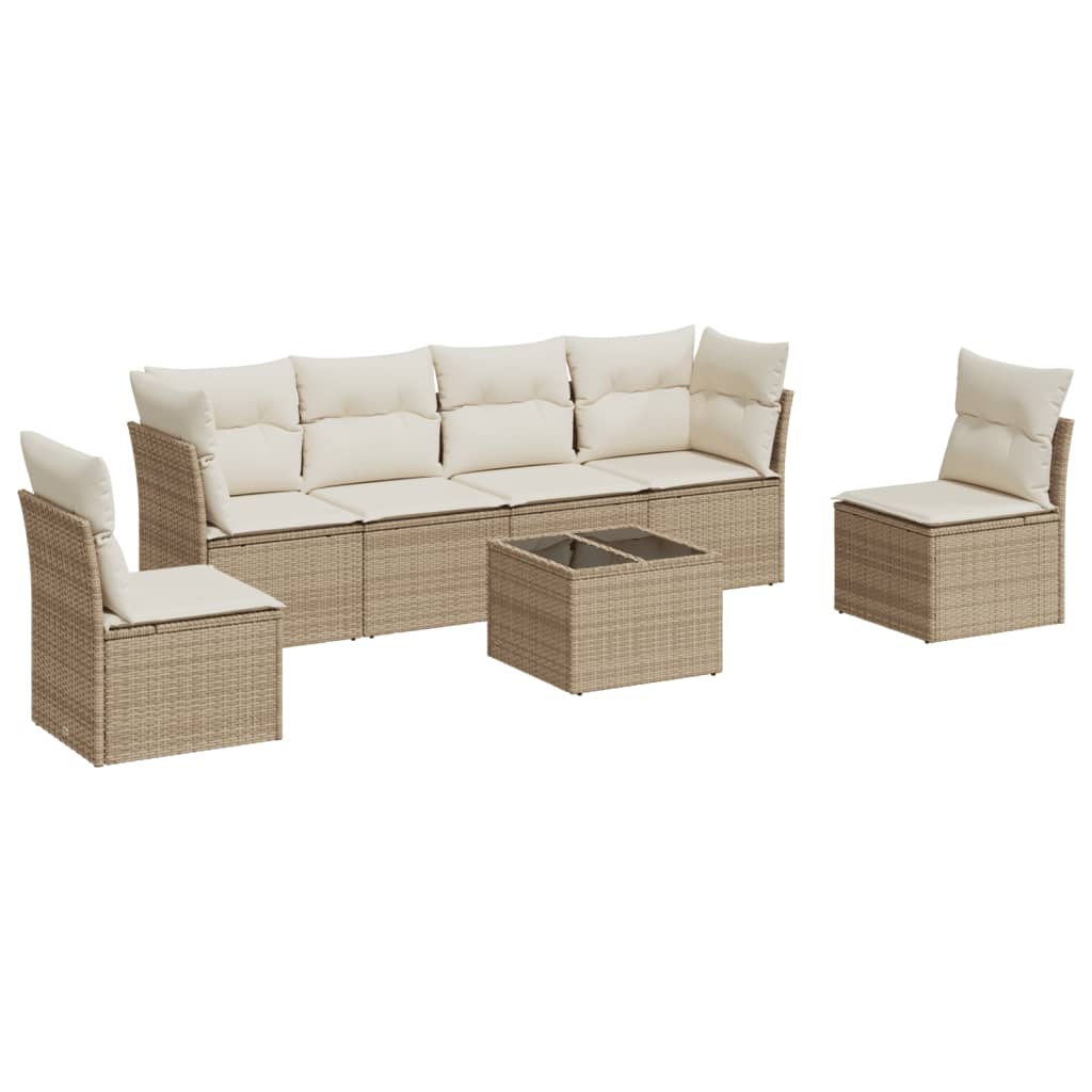 7-delige Loungeset met kussens poly rattan beige