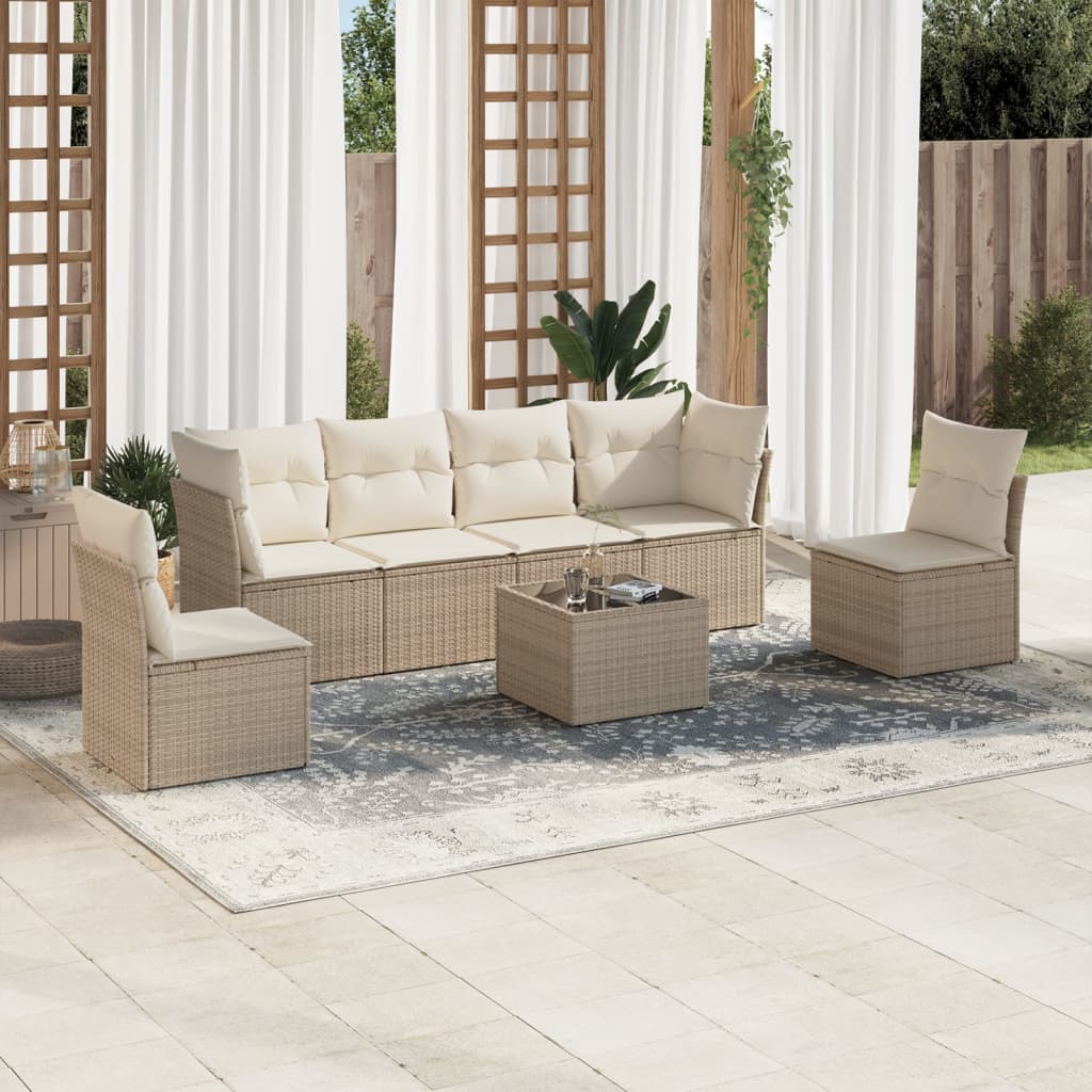 7-delige Loungeset met kussens poly rattan beige