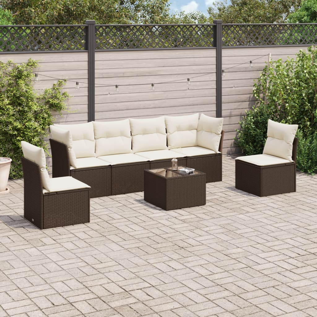 7-delige Loungeset met kussens poly rattan bruin