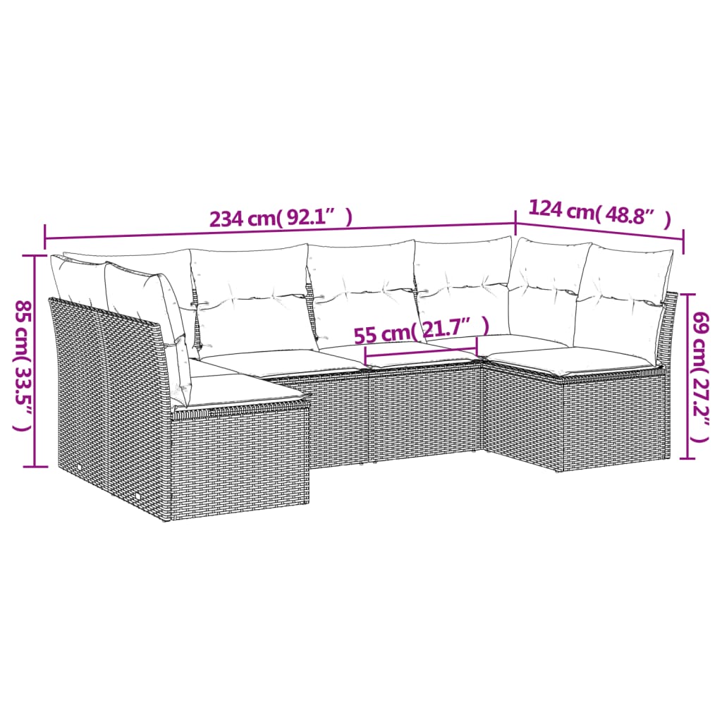 6-delige Loungeset met kussens poly rattan grijs