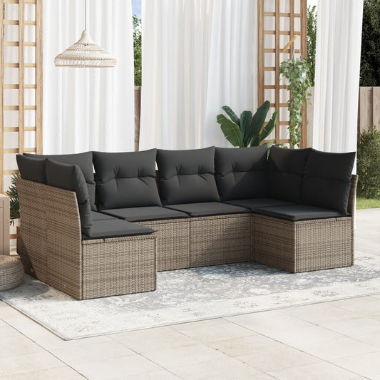 6-delige Loungeset met kussens poly rattan grijs