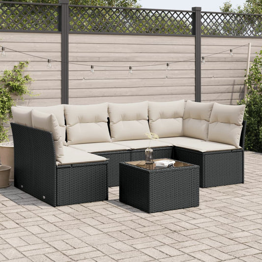 7-delige Loungeset met kussens poly rattan zwart