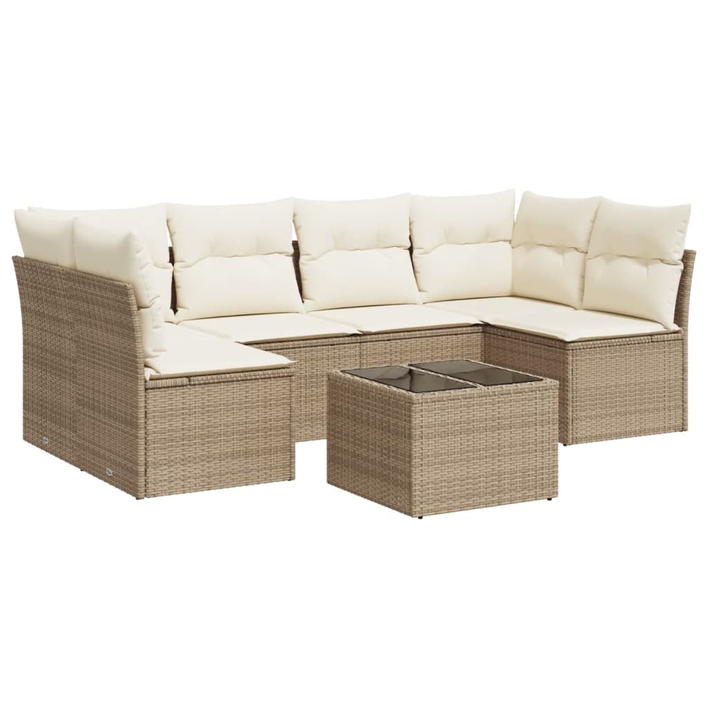 7-delige Loungeset met kussens poly rattan beige