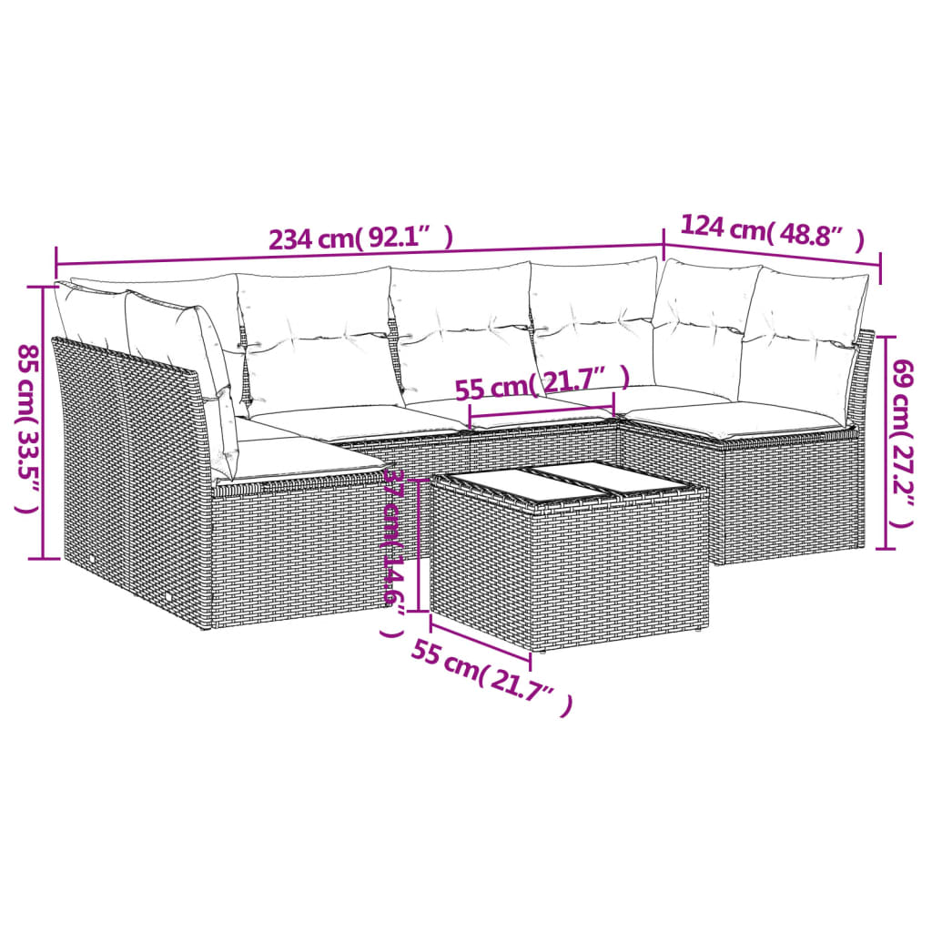 7-delige Loungeset met kussens poly rattan beige