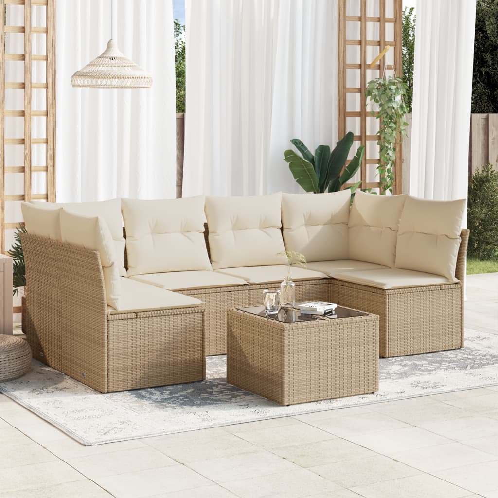 7-delige Loungeset met kussens poly rattan beige