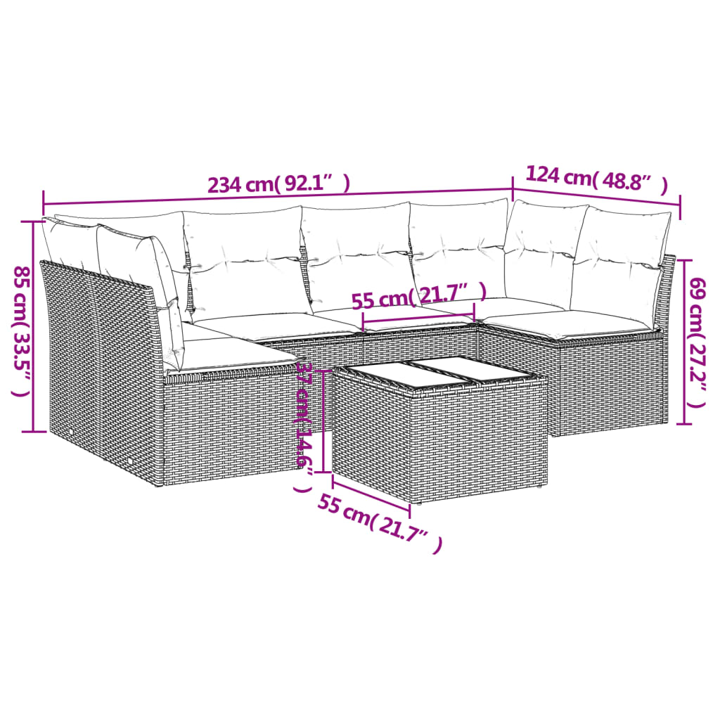 7-delige Loungeset met kussens poly rattan bruin