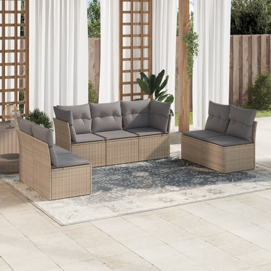 7-delige Loungeset met kussens poly rattan beige