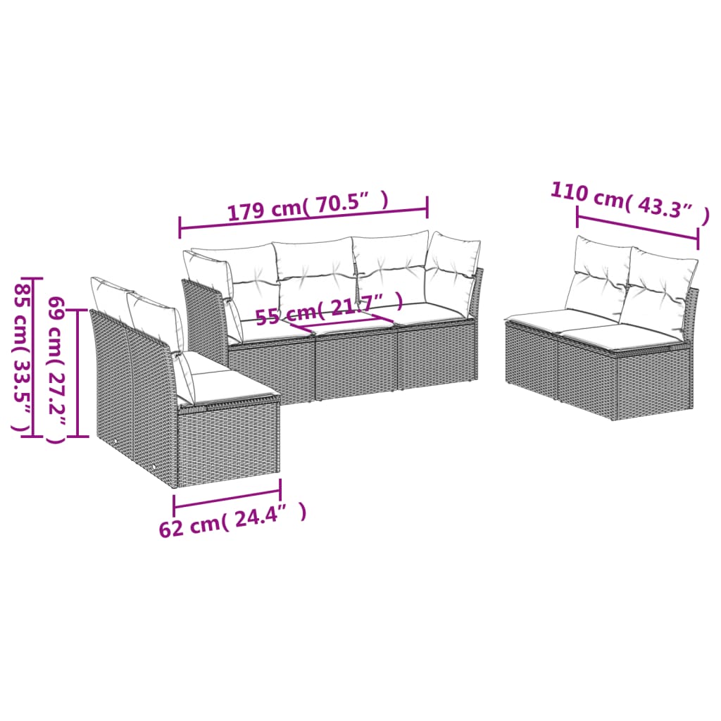 7-delige Loungeset met kussens poly rattan lichtgrijs