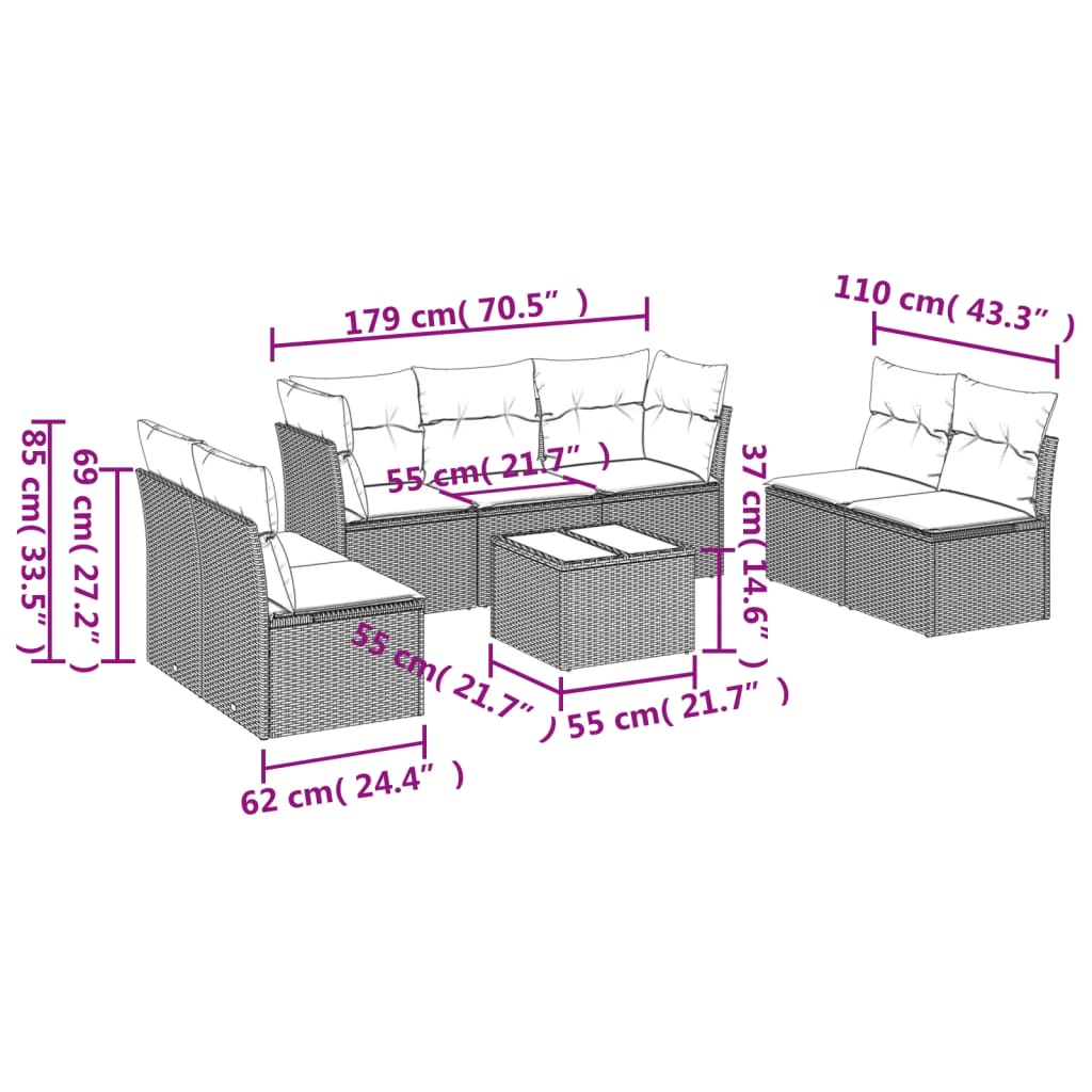 8-delige Loungeset met kussens poly rattan bruin