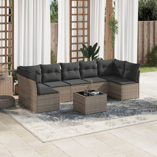 8-delige Loungeset met kussens poly rattan grijs