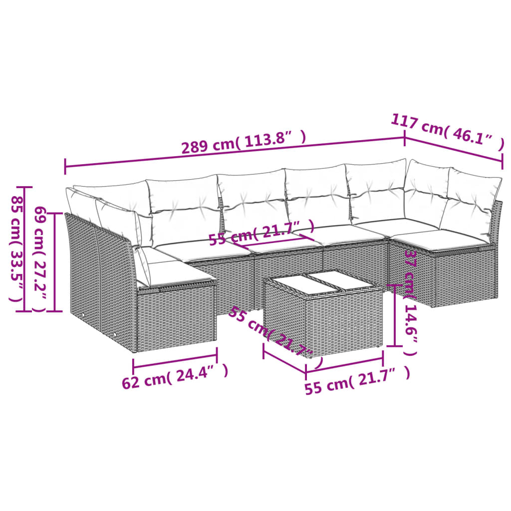 8-delige Loungeset met kussens poly rattan bruin