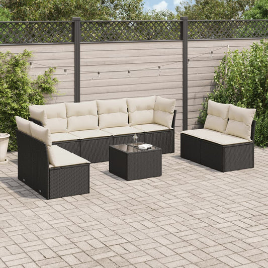 9-delige Loungeset met kussens poly rattan zwart